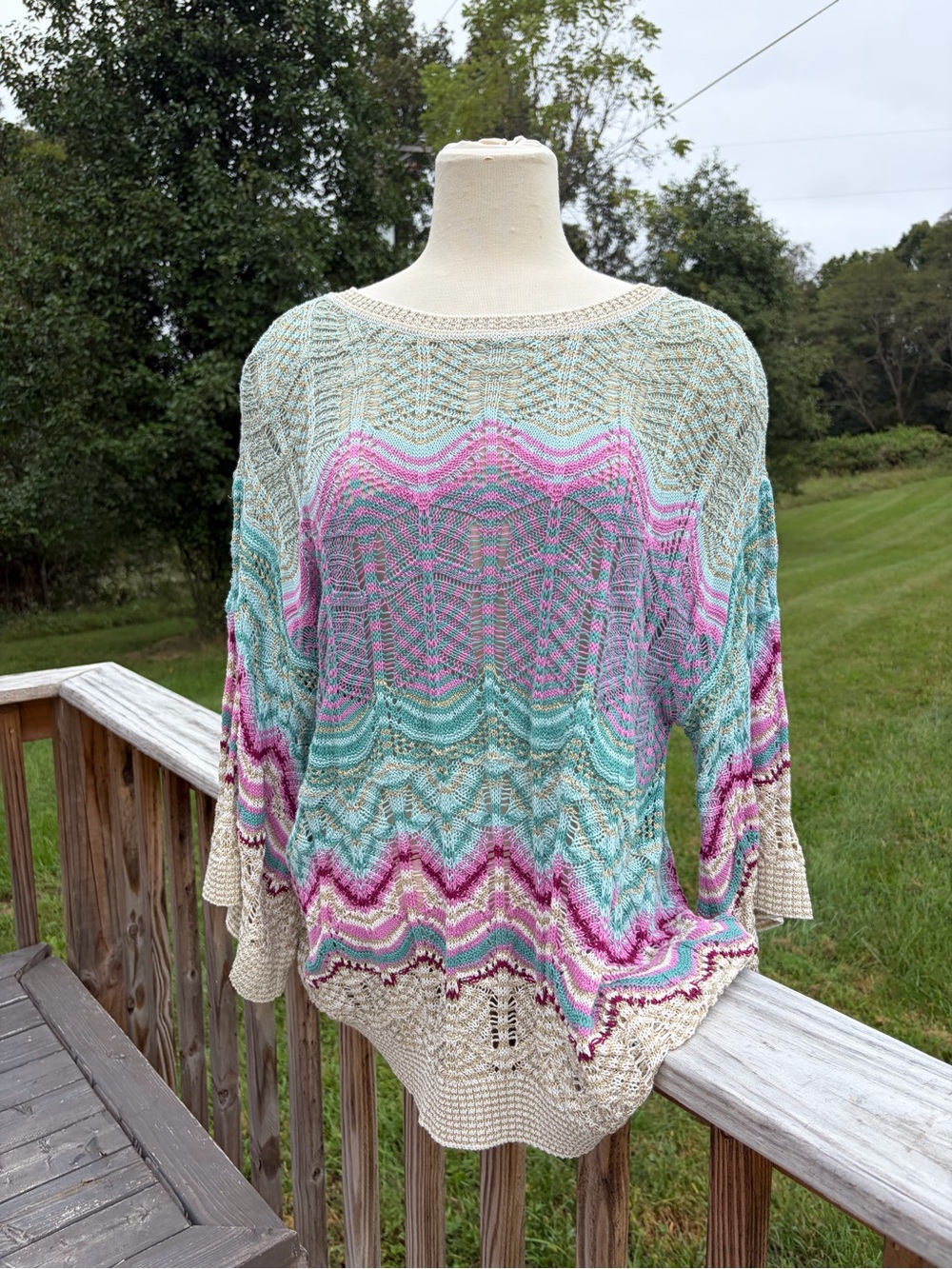 Soft Surroundings sz 1X Pink Teal Gold Thereze Pointelle Bell Sleeve Sweater